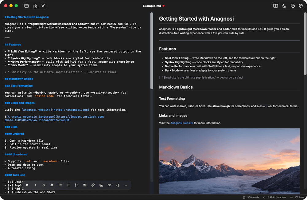 anagnosi app screenshot in dark mode
